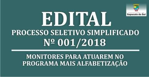 Processo Seletivo Simplificado nº 001/2018 – Monitores para o Programa Mais Alfabetização