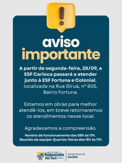 Atendimentos da ESF Carioca serão alterados a partir do dia 28 de setembro