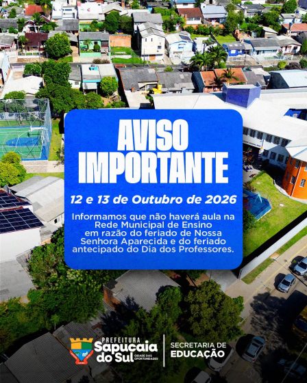 Rede Municipal de Ensino não terá aulas nos dias 12 e 13 de outubro
