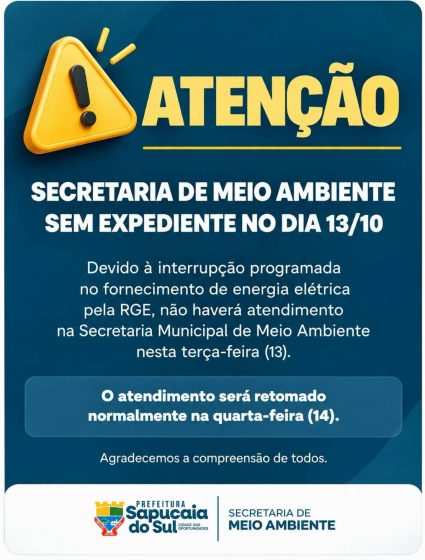 Secretaria de Meio Ambiente não terá expediente no dia 13 de outubro